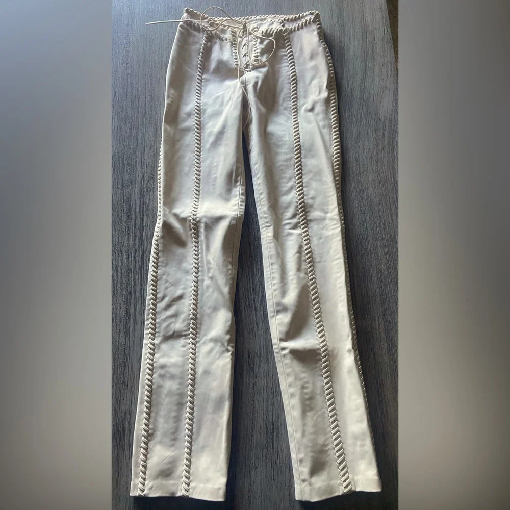 HOUSE OF CB 'Elliot' Cream Vegan Leather Lace Up Trousers~SMALL ~ - Picture 2 of 15